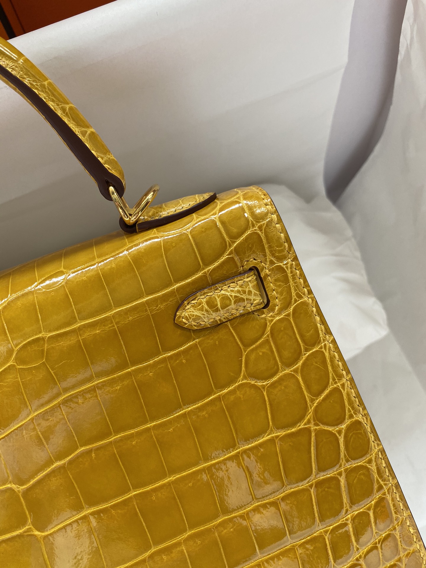 Hermes Kelly 25cm Handbag Shoulder Bag In Yellow Amber Shiny Crocodile Niloticus Leather